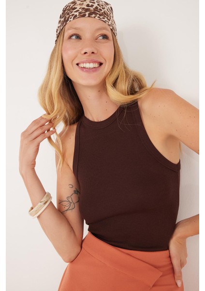 Kadın Slim Fit Halter Yaka Modal Kumaş Kahverengi Body Atlet