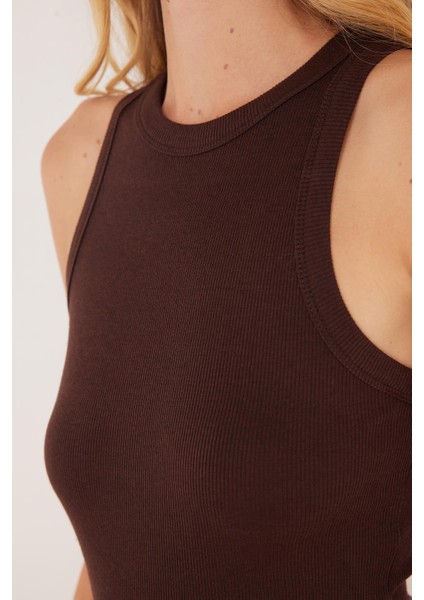 Kadın Slim Fit Halter Yaka Modal Kumaş Kahverengi Body Atlet modelleri