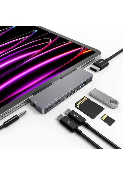Pro M4 M2 M1 13 11 12.9, iPad Hava, 7-In-1 USB C 4K 60Hz HDMI Adaptörü, 3.5mm Kulaklık Jakı, USB C Bağlantı Istasyonu Pd Şarj, USB 3.0, Sd/mikro Kart Okuyucu, iPad Mini 6 Aksesuarları