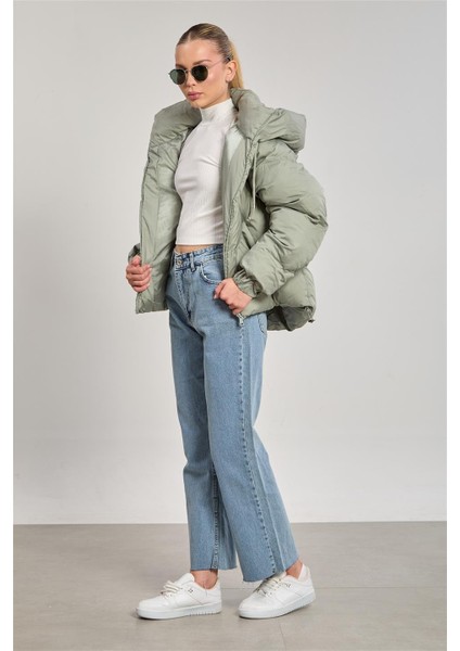 Kadın Yaka Düğmeli Kapüşonlu Şişme Mont - Mint fırsatları