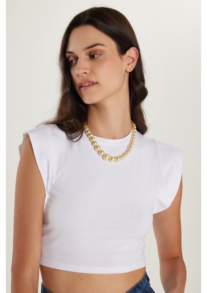 Kadın Slim Fit Dar Kesim Sıfır Kollu Bisiklet Yaka Beyaz Bluz