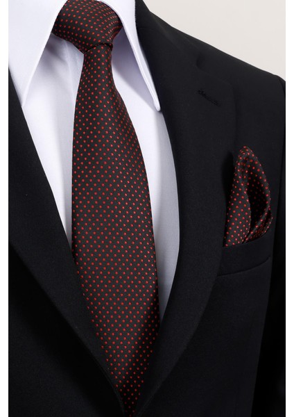 8 cm Hand Made Siyah - Kırmızı Nokta Desenli Mendilli Kravat
