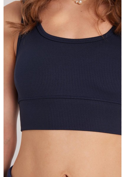 Kadın Slim Fit Dar Kesim Askılı Kare Yaka Lacivert Crop modelleri