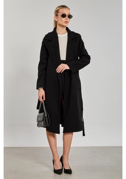 Kadın Beli Kuşaklı Regular Fit Kaşe Kaban - Siyah