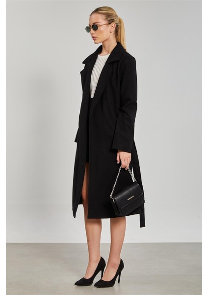 Kadın Beli Kuşaklı Regular Fit Kaşe Kaban - Siyah fiyatları