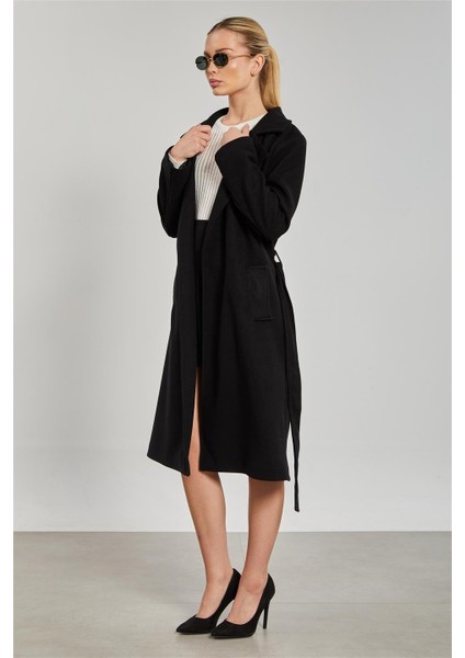 Kadın Beli Kuşaklı Regular Fit Kaşe Kaban - Siyah modelleri