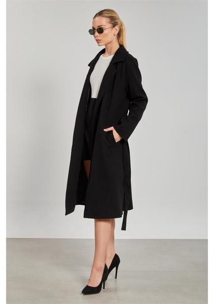 Kadın Beli Kuşaklı Regular Fit Kaşe Kaban - Siyah fırsatları