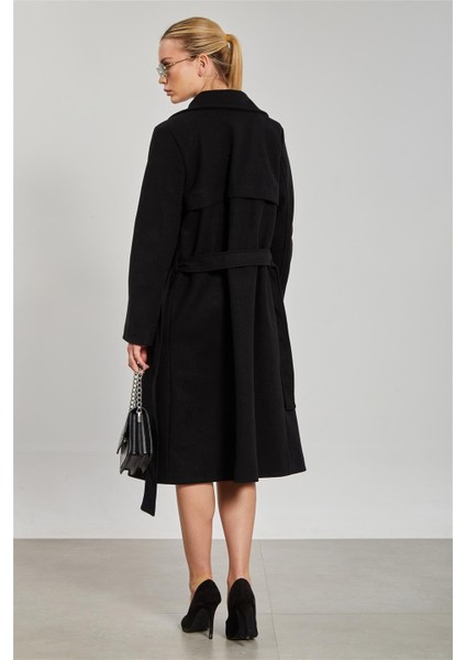 Kadın Beli Kuşaklı Regular Fit Kaşe Kaban - Siyah indirimleri