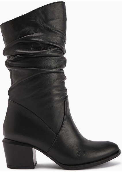 Narges Hakiki Deri Siyah Topuklu Kadın Çizme