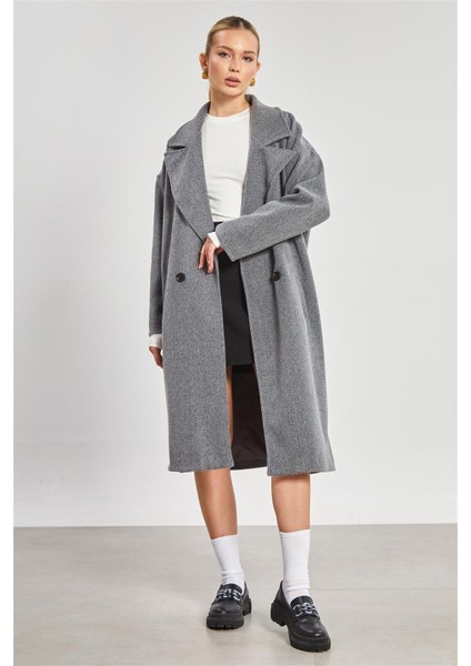 Kadın Düğmeli Oversize Kaşe Kaban - Gri modelleri