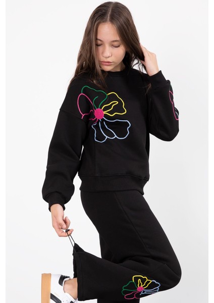 Siyah Çiçek Nakış Detaylı Geniş Paça Kız Çocuk Şardonlu Takım 23283 fiyatları