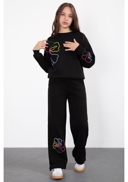 Siyah Çiçek Nakış Detaylı Geniş Paça Kız Çocuk Şardonlu Takım 23283 modelleri