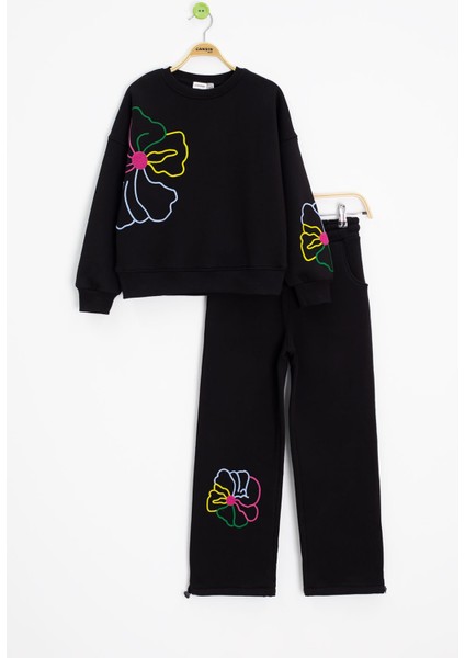 Siyah Çiçek Nakış Detaylı Geniş Paça Kız Çocuk Şardonlu Takım 23283 fırsatları