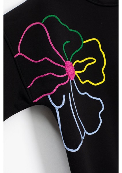 Siyah Çiçek Nakış Detaylı Geniş Paça Kız Çocuk Şardonlu Takım 23283 indirimleri