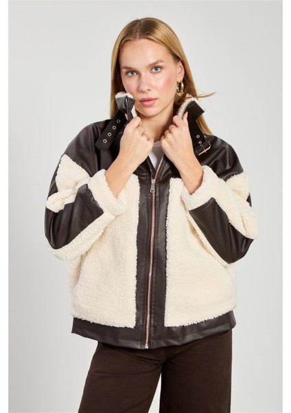 Kadın Deri Garnili Welsoft Mont - Kahve