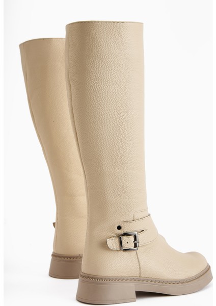 Penda Hakiki Deri Bej Toka Detaylı Kadın Fermuarlı Çizme indirimleri