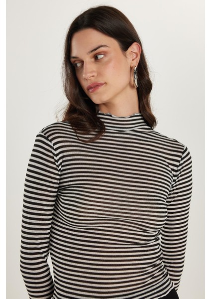 Kadın Slim Fit Dar Kesim Uzun Kollu Çizgili Yarım Balıkçı Yaka Bluz fiyatları