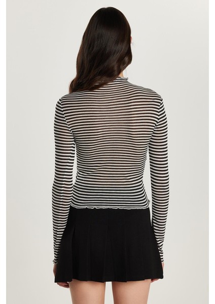 Kadın Slim Fit Dar Kesim Uzun Kollu Çizgili Yarım Balıkçı Yaka Bluz indirimleri