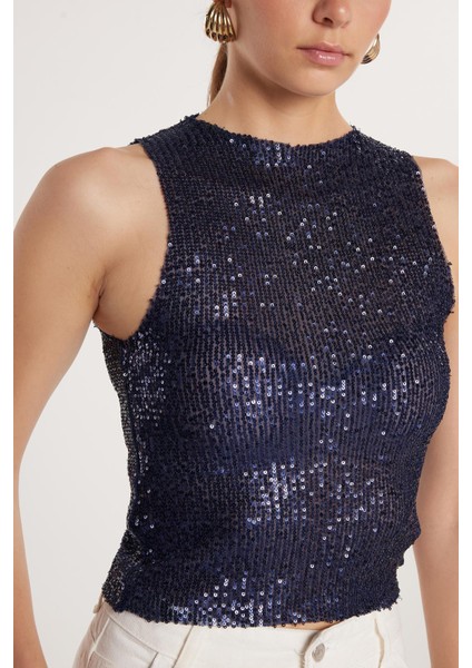 Kadın Slim Fit Dar Kesim Sıfır Kol Payetli Halter Yaka Lacivert Bluz modelleri