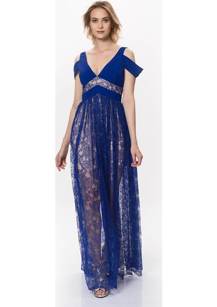 Omuz Detaylı Dantelli Elbise Saks Y1721026_021