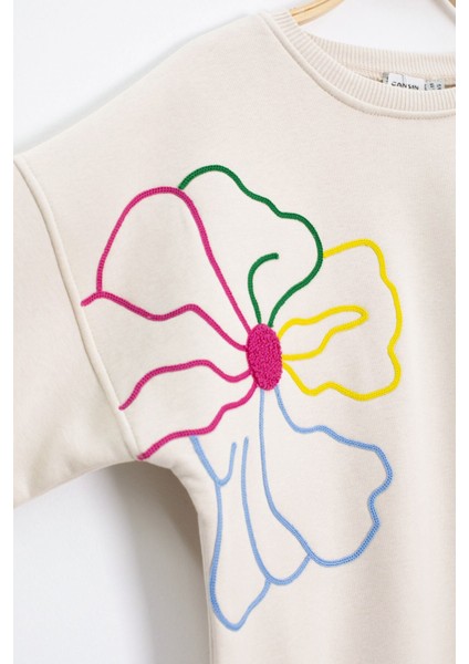 Krem Çiçek Nakış Detaylı Geniş Paça Kız Çocuk Şardonlu Takım 23284 indirimleri