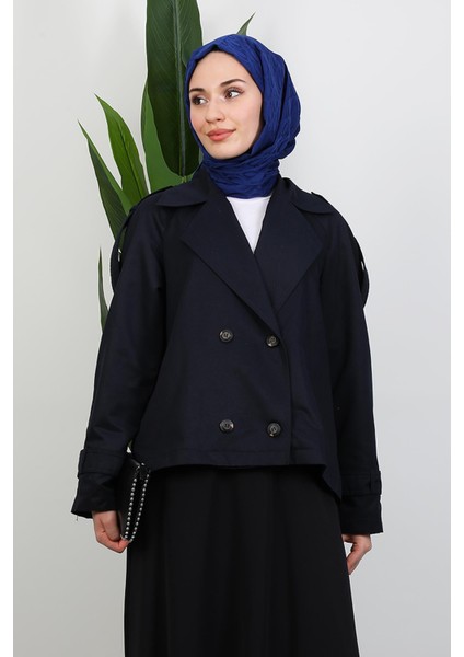 Apoletli Kısa Trenç Lacivert indirimleri