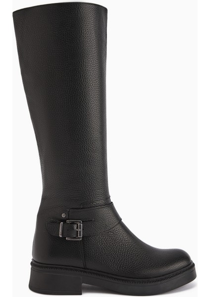 Penda Hakiki Deri Siyah Toka Detaylı Kadın Fermuarlı Çizme