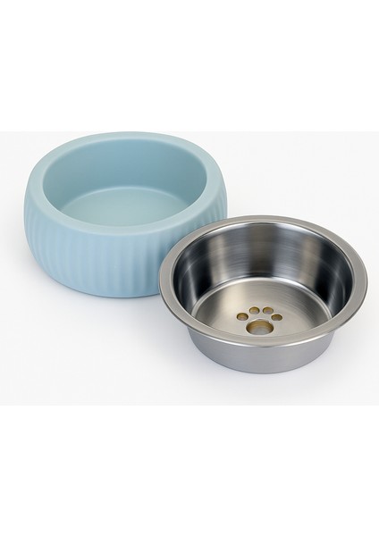 Mavi Organik Seramik Mama Kabı Paslanmaz Çelik Iç Kap, 250ML Su Kabı