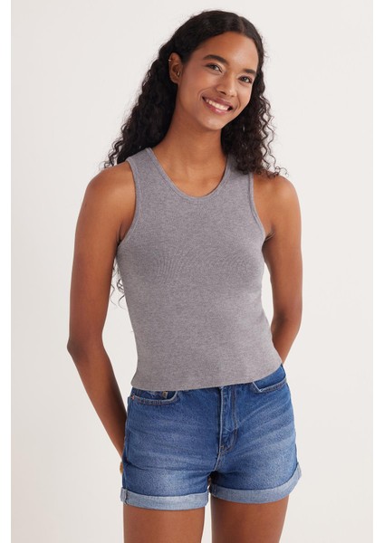 Kadın Slim Fit Düz Geniş Yaka Gri Body Atlet