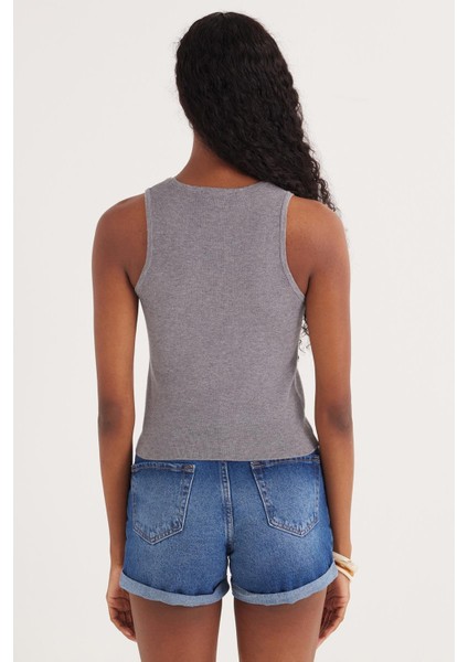 Kadın Slim Fit Düz Geniş Yaka Gri Body Atlet