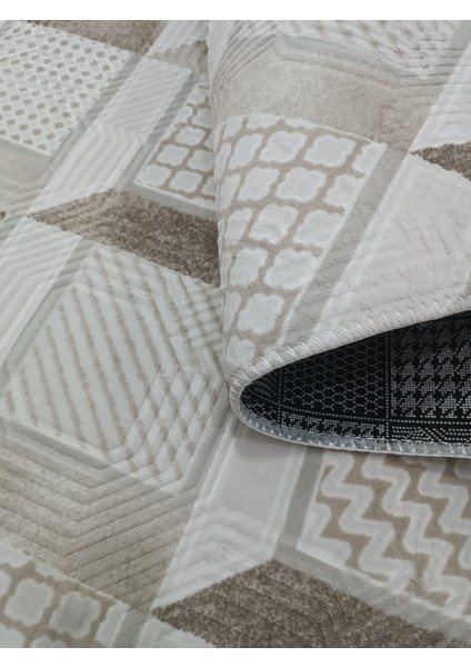 Dinar Motif Bej Kahverengi Kaymaz Taban Kesme Yolluk Halı Modern Desen