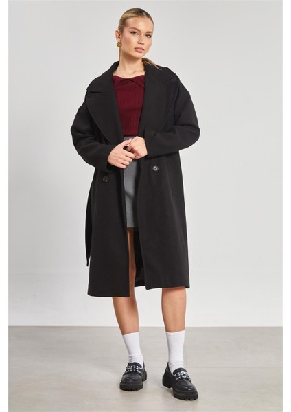 Kadın Çift Düğmeli Oversize Kaşe Kaban - Siyah