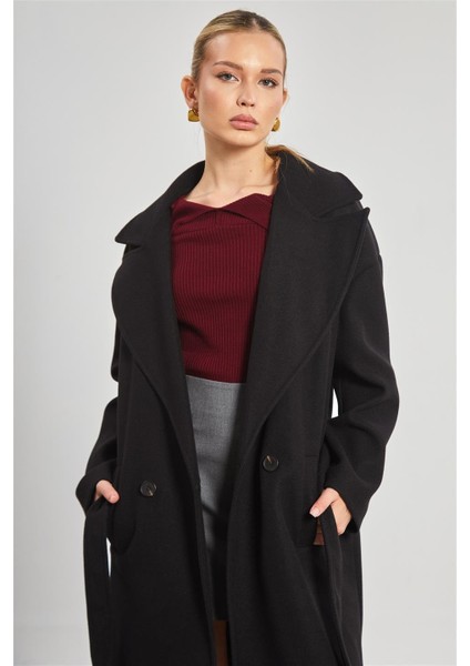 Kadın Çift Düğmeli Oversize Kaşe Kaban - Siyah fiyatları