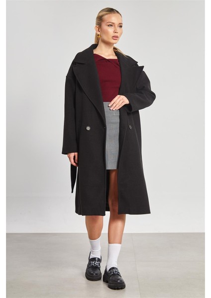 Kadın Çift Düğmeli Oversize Kaşe Kaban - Siyah modelleri