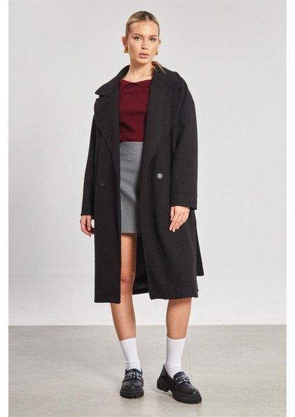 Kadın Çift Düğmeli Oversize Kaşe Kaban - Siyah fırsatları