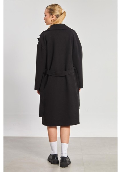 Kadın Çift Düğmeli Oversize Kaşe Kaban - Siyah indirimleri