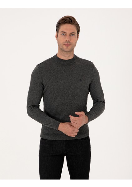 Erkek Antrasit Melanj Slim Fit Çeyrek Yaka Basic Triko Kazak 50314188-VR081 modelleri