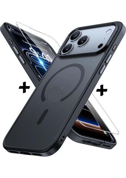 Apple iPhone 17 Pro Max Kılıf Mat Magsafe Şarj Özellikli Hassas Butonlu Yumuşak Renkli Kenarlı + Ekran Koruyucu Cam Set 2in1