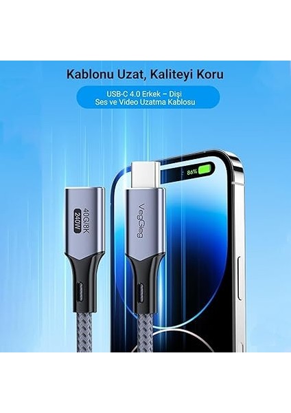 USB 4.0 E-Mark 240W 40GBPS Thunderbolt 4 8k 60Hz Type-C Uzatma Kablosu 1 Metre fiyatları