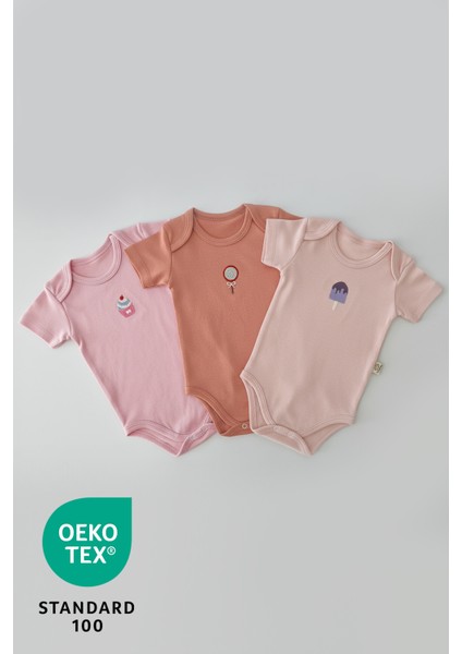 Candy 3lü %100 Pamuk Nakışlı Bebek Body Set