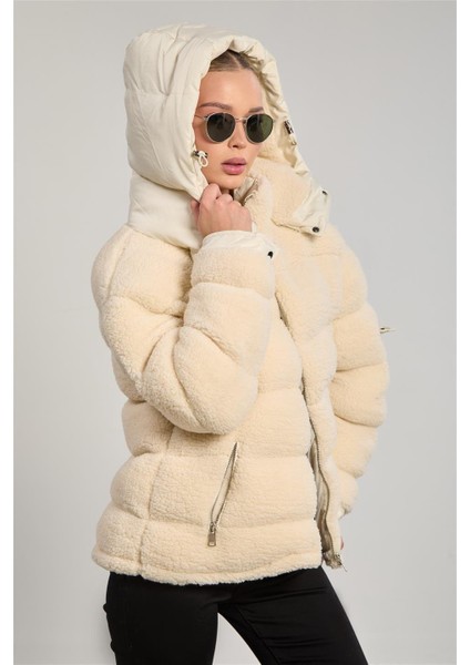 Kadın Kapüşonlu Peluş Kabartma Şişme Mont - Taş Rengi fırsatları