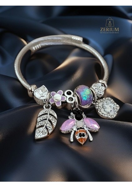 Modern Çelik Şık Kadın Charm Bileklik Arı ve Çiçekler No:2