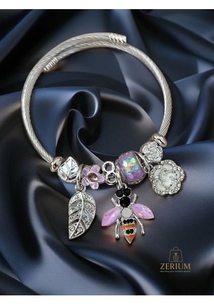 Modern Çelik Şık Kadın Charm Bileklik Arı ve Çiçekler No:2 fiyatları