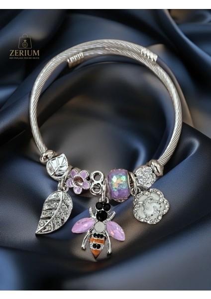 Modern Çelik Şık Kadın Charm Bileklik Arı ve Çiçekler No:2 modelleri