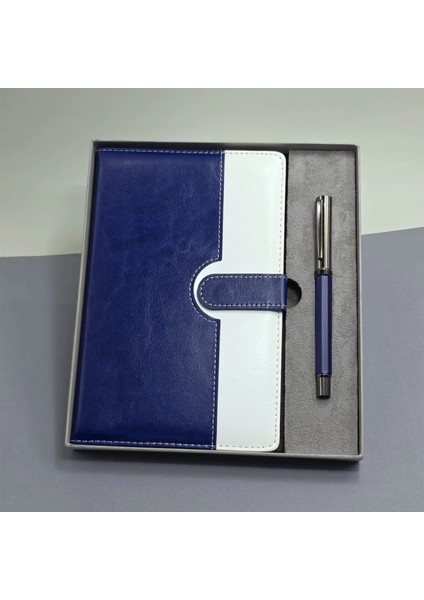 Mavi Beyaz Deri Kapaklı Defter Ve Metal Kalem Set