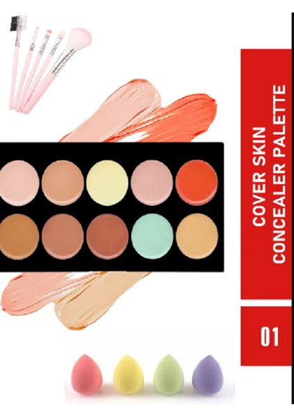 Profeyonel Makyaj Kapatıcı Concealer cc Krem Aydınlatıcı Highlighter Palet + Sünger + Fırça Set