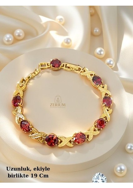 Zarif Zirkonya Taşlı Altın Kaplama Kadın Moda Bileklik Nar Kırmızısı