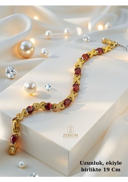 Zarif Zirkonya Taşlı Altın Kaplama Kadın Moda Bileklik Nar Kırmızısı modelleri