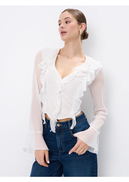 Boueni V-Yaka Crop Boy Regular Fit Ekru Renk Kadın Bluz