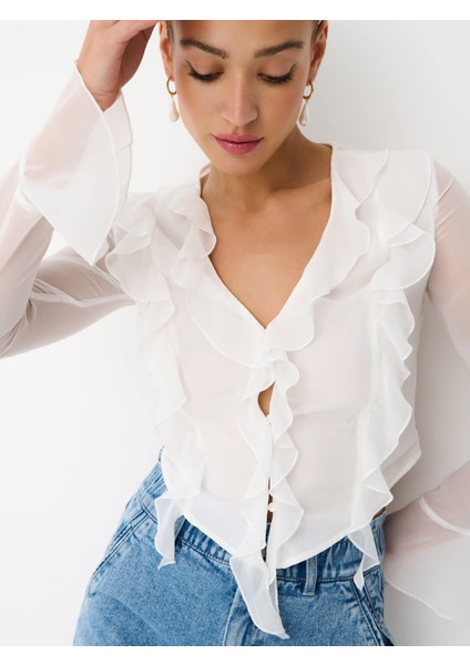 Boueni V-Yaka Crop Boy Regular Fit Ekru Renk Kadın Bluz fırsatları